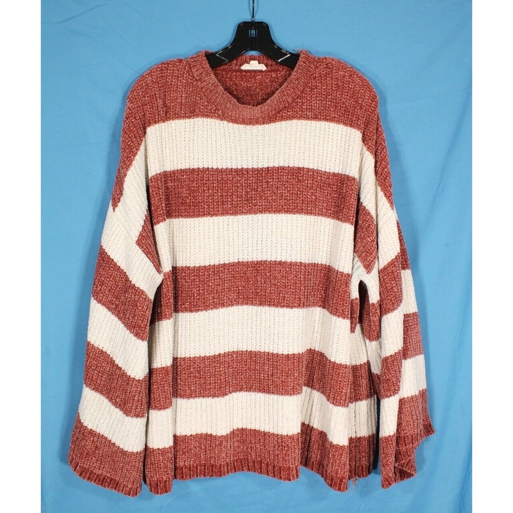 ODDI Midweight RIBBED KNIT Bell Sleeve RUST/CREAM STRIPED Sweater Sz 2XL/3XL